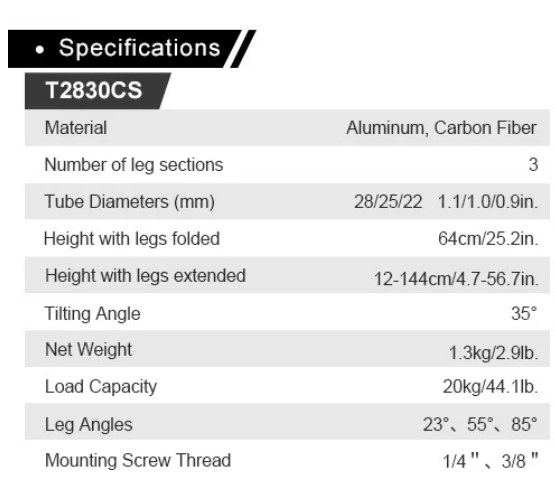 SUNWAYFOTO T2830CS Carbon Fiber Tripod