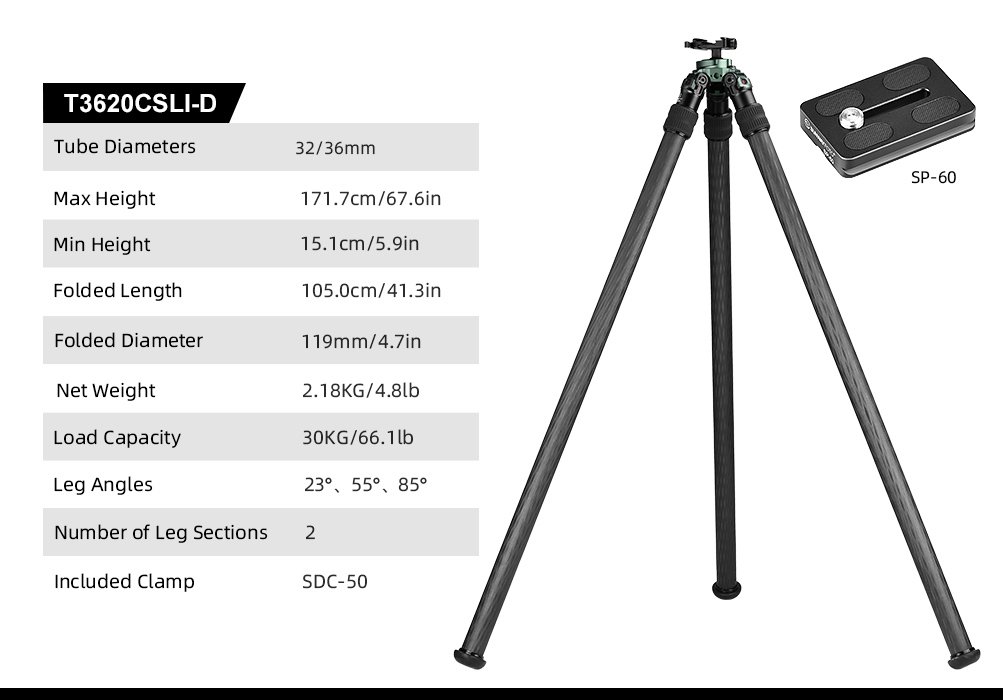SUNWAYFOTO T3620CSLI-D Carbon Fiber Tripod