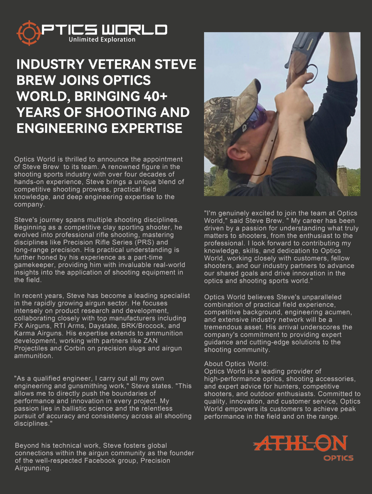 INDUSTRY VETERAN STEVEBREW JOINS OPTICSWORLD, BRINGING 40+YEARS OF SHOOTING AND ENGINEERING EXPERTISE